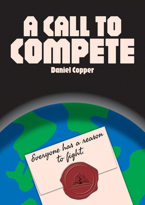 The cover of A Call To Compete, showing a cream invite in front of the Earth from space.