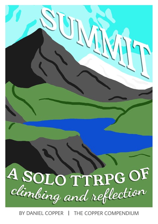 The cover of Summit, showing a mountain over a blue lake in the style of tourism posters.