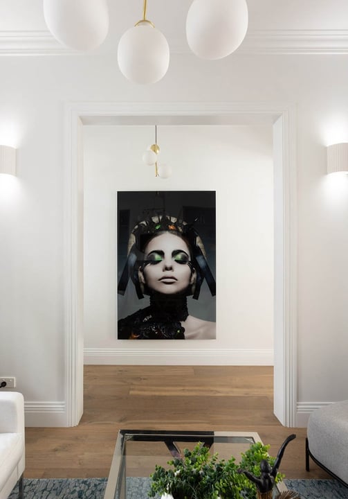Hallway of Victorian home with large wall art, classic skirting boards, cornices, archittraves