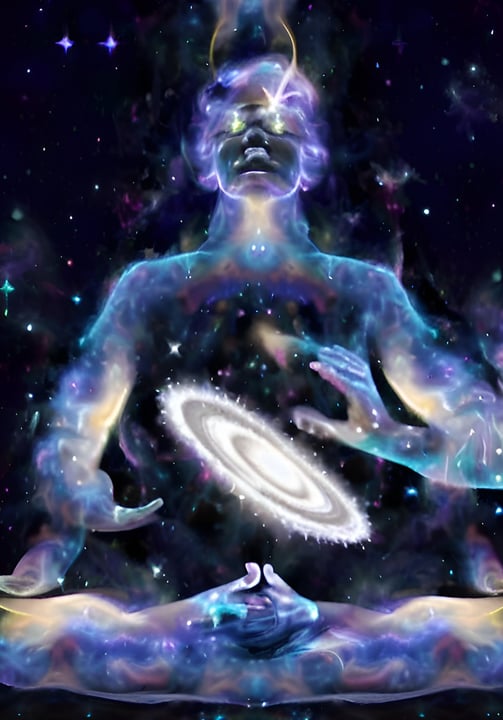 a man sitting in a meditation position with a galaxy - like body