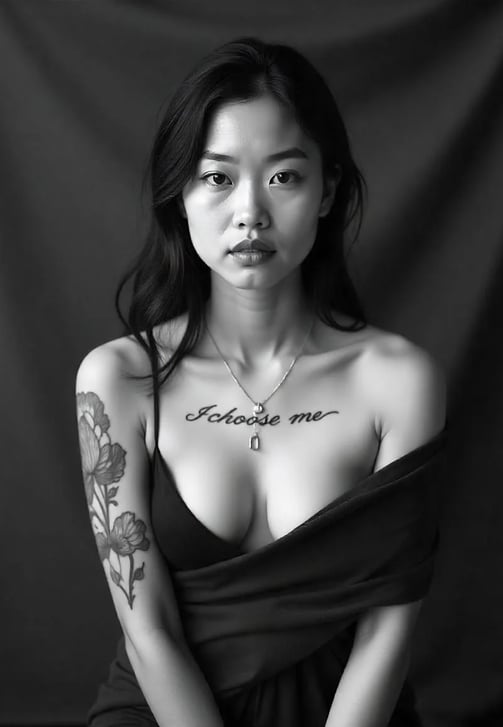 Neljä naista, neljä tarinaa kehopositiivisuudesta ja itsensä hyväksymisestä. Tekoälytaide | Voimaannuttavat muotokuvat | © Mu