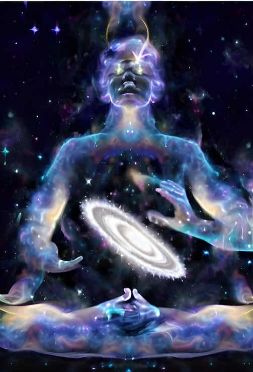 a man sitting in a meditation position with a galaxy - like body