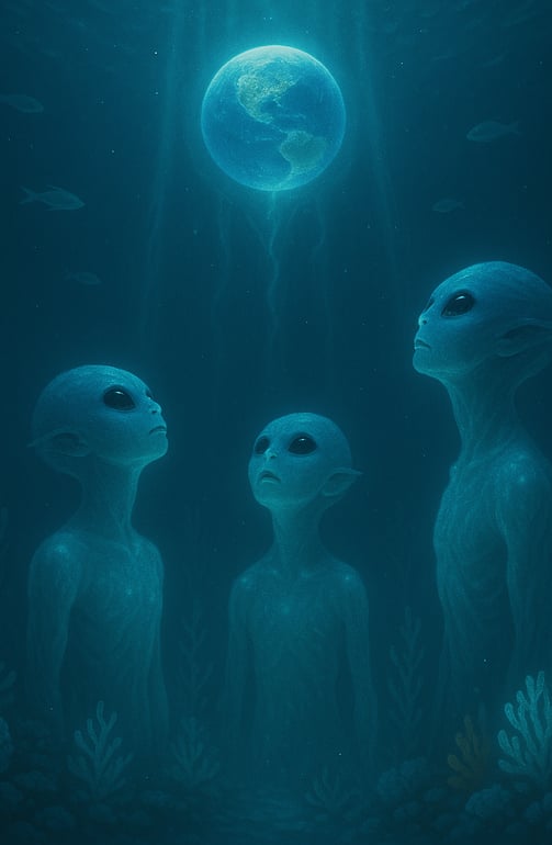 Imagem de encontro Virtual entre os seres do planeta K2-18b e a Planeta Azul (Terra)