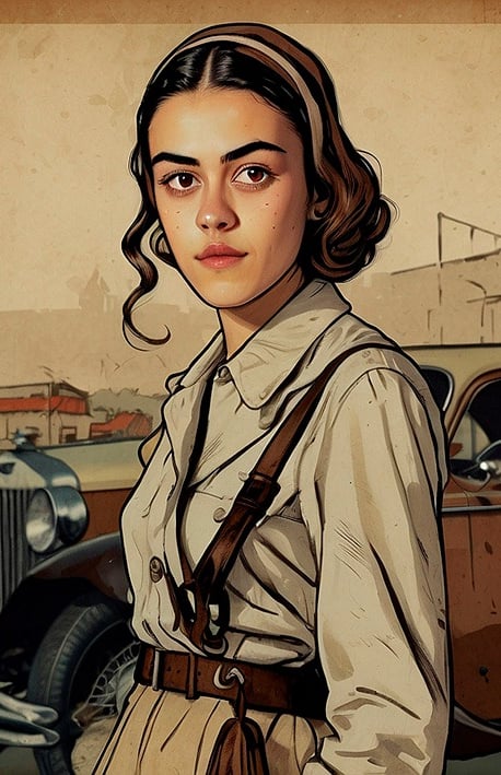 Portrait photo transformed into a woman in a trench coat and a car
