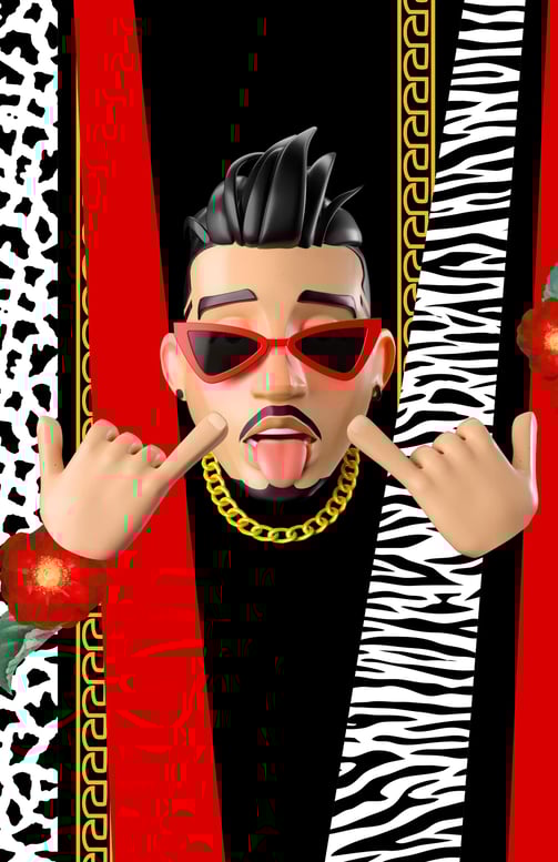 Personaje 3D con gafas rojas y con la lengua afuera con fondo de flores y cadenas