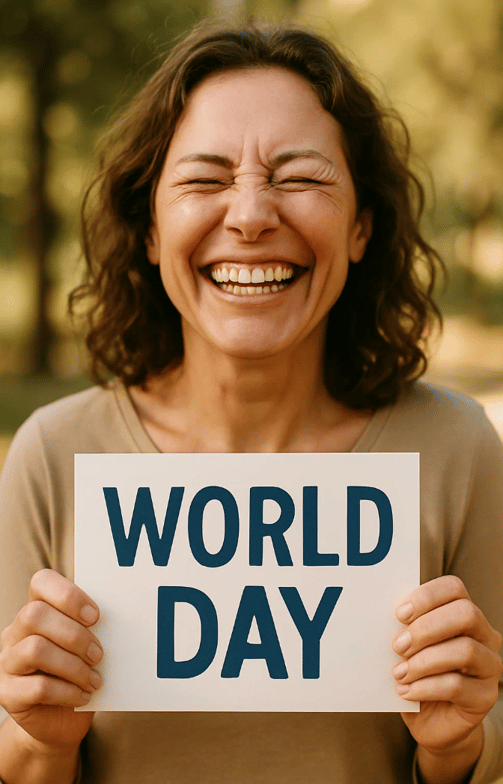 Femme joyeuse avec un panneau "World day" pour la journée mondiale du bonheur
