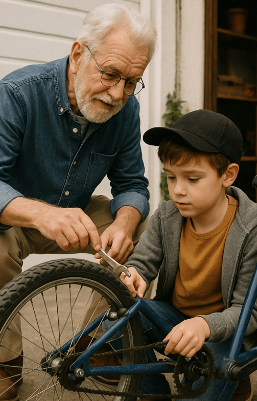 Un grand père bricole avec son petit fils pour la journée des personnes agées.