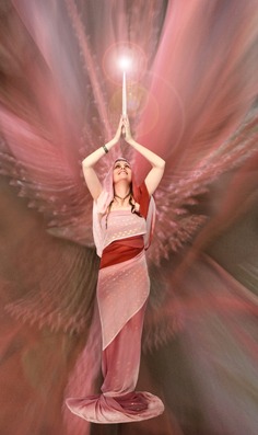 Maia Hart holding selenite crystal sword with art background