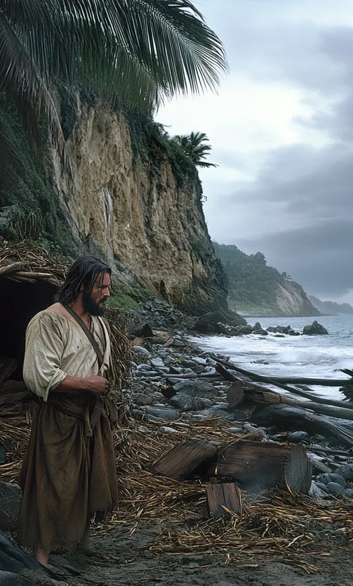 robinson Crusoe fashioning his first shelter from palm leaves and driftwood, building a rudimentary