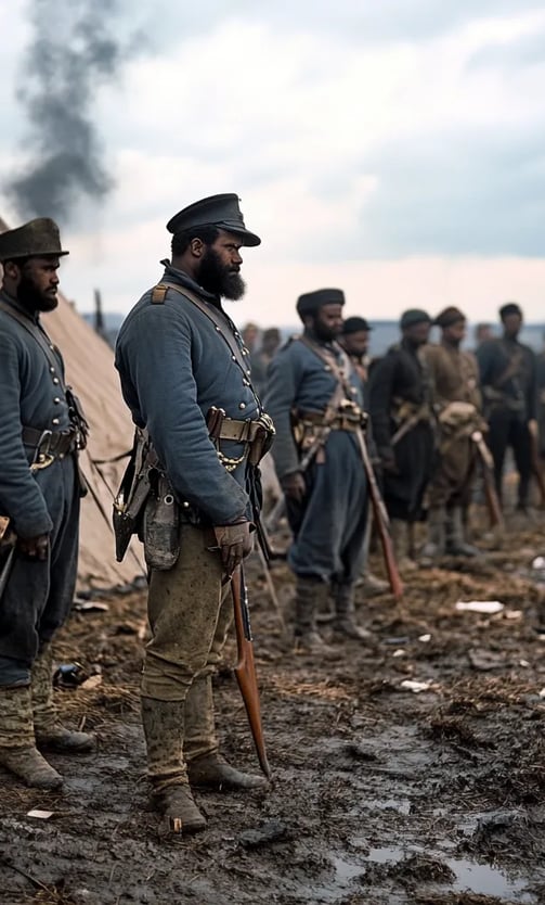 A group of Black soldiers, their uniforms dirty and torn from combat, stand in a line as they are aw