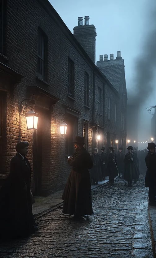 ftermath of the murders as panic spreads through the streets of Whitechapel. Local residents, dresse