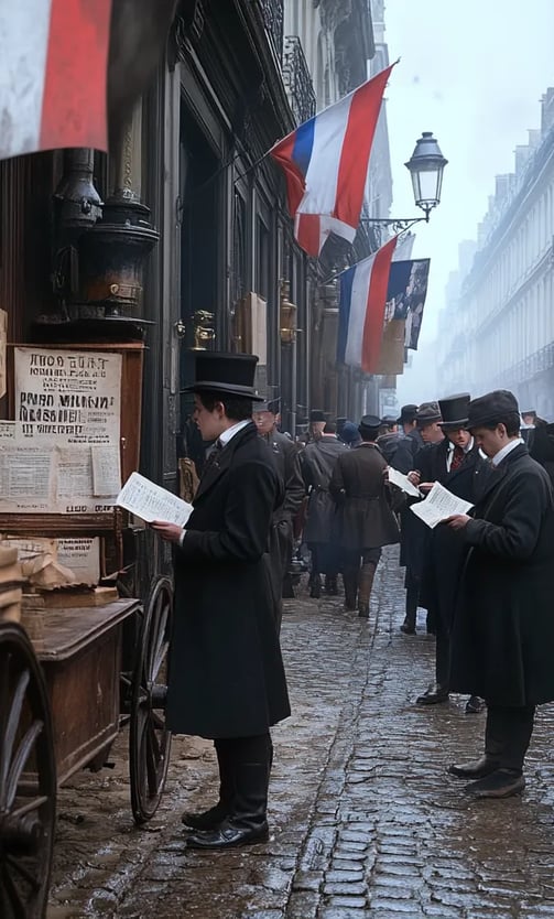 850s Paris, busy boulevard outside a telegraph office festooned with French tricolour flags