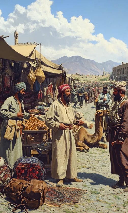 tribal elders arguing in a bustling Afghan bazaar shortly after the Durand Line treaty