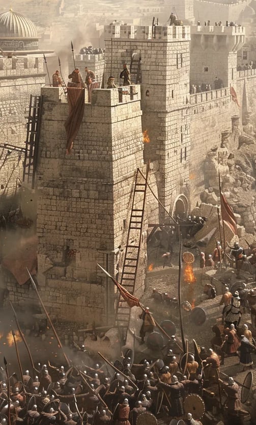 A ground-level view of the intense siege of Jerusalem in 1187. Muslim soldiers use ladders to scale