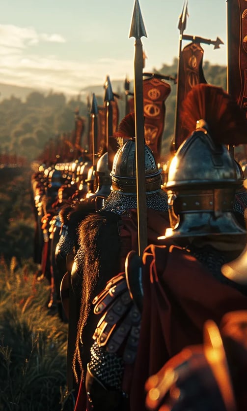 Roman and Gothic armies standing apart but observing the negotiations from a distance.