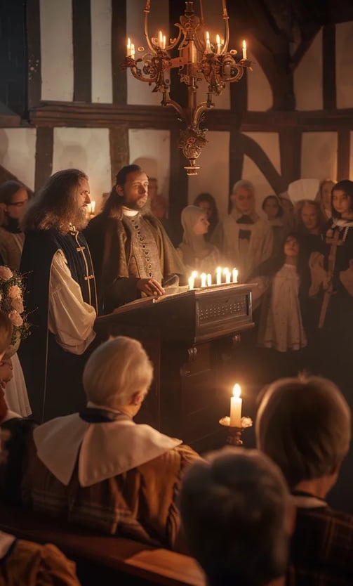 English townsfolk gathering in a modest church to read the Coverdale Bible for the first time