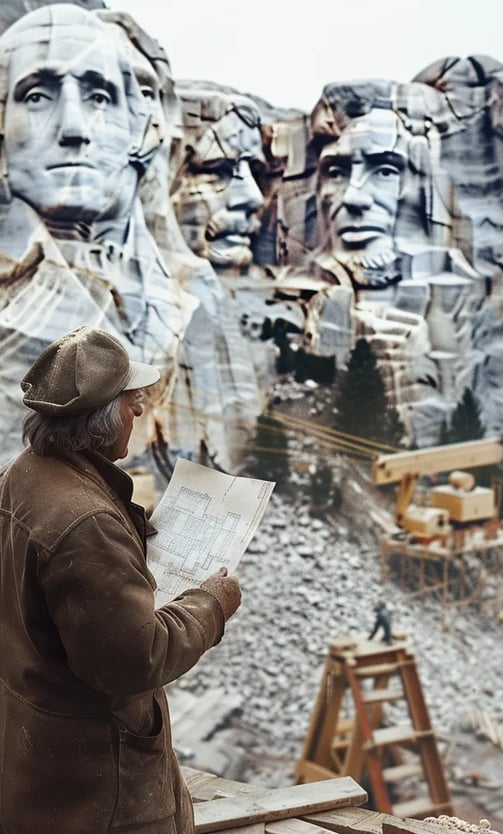 Gutzon Borglum standing with his blueprint in hand, overseeing the construction of Mount Rushmore