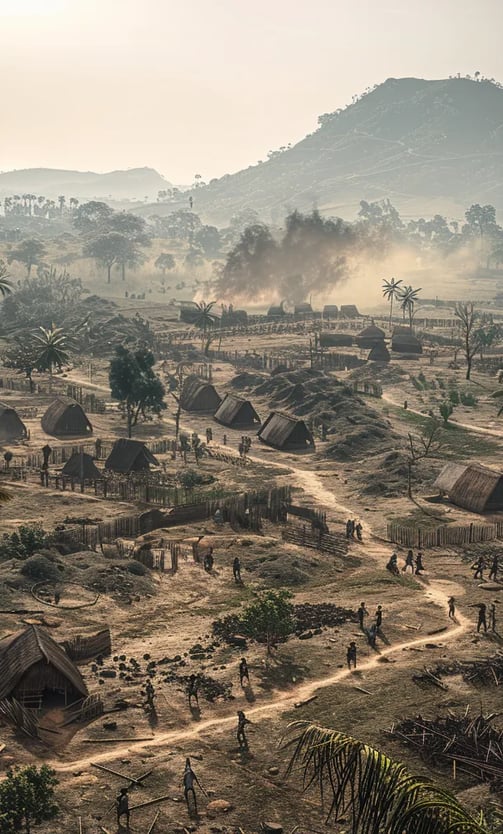 the aftermath of the battle. British soldiers secure the area while Ashanti warriors regroup in the