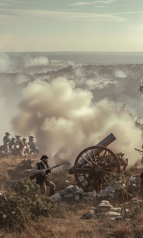 Smoke erupts from the cannon as settlers in rugged attire hold their positions