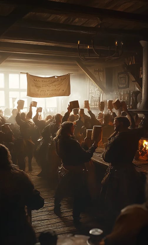 A Tavern Protest: Inside a smoky wooden tavern filled with heavy beams