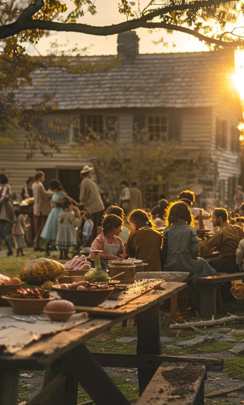 families gathered around a communal table outdoors to celebrate the first Thanksgiving