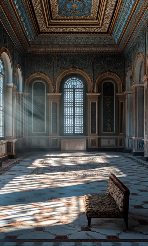 abandoned throne room inside Dolmabahçe Palace, faded sunlight pouring through high arched windows