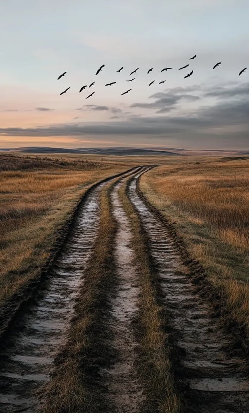 Abandoned wagon tracks winding into the vast prairie, orange twilight casting long shadows