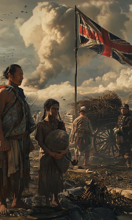 Māori family standing amid the smoking ruins of their home