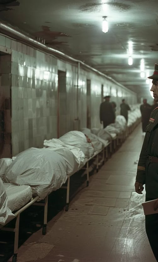  Soviet paramedics carrying stretchers through a dimly lit corridor