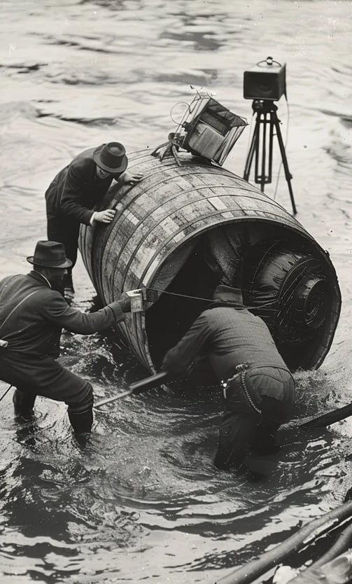 of rescuers pulling the battered barrel from the water.