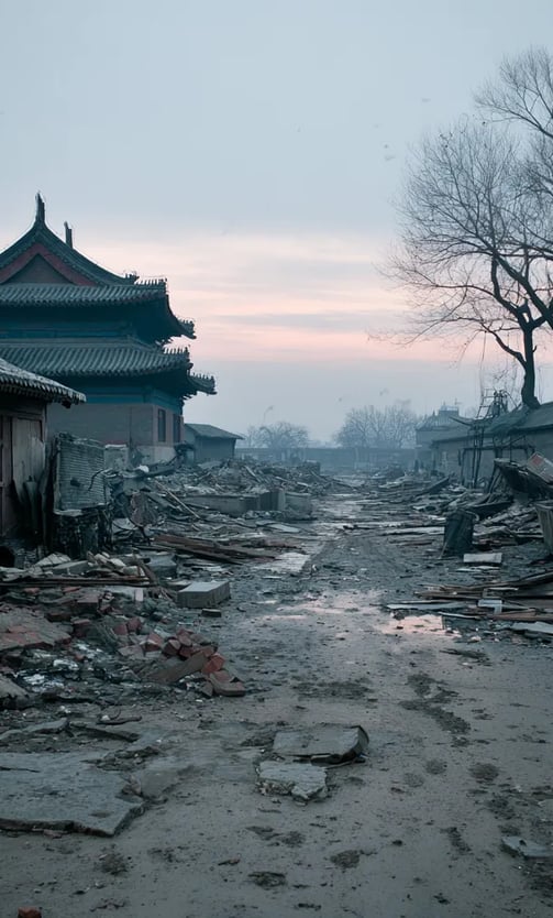 A collapsed imperial gate stands partially buried in earth