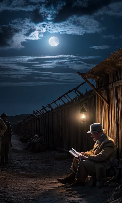 Boer prison camp at dusk, wooden enclosure under open sky, Churchill seated cross-legged inside 