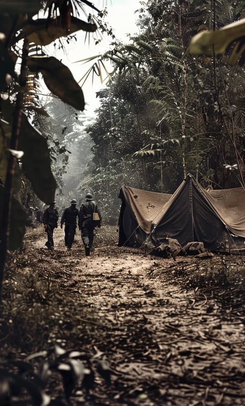 the captured guerrilla camp. Tents, weapons, and scattered supplies 