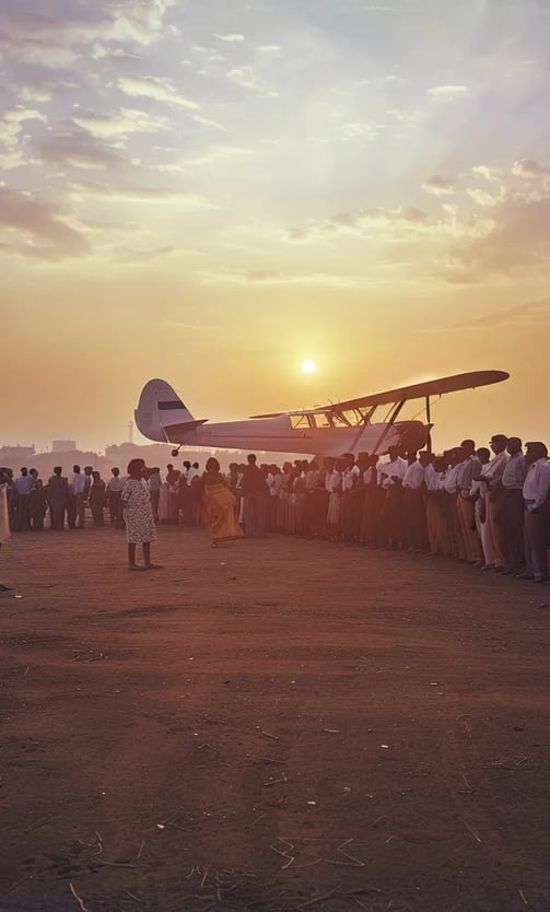  small Tata Airlines plane taxiing to a stop on the dusty runway as a waiting crowd applauds