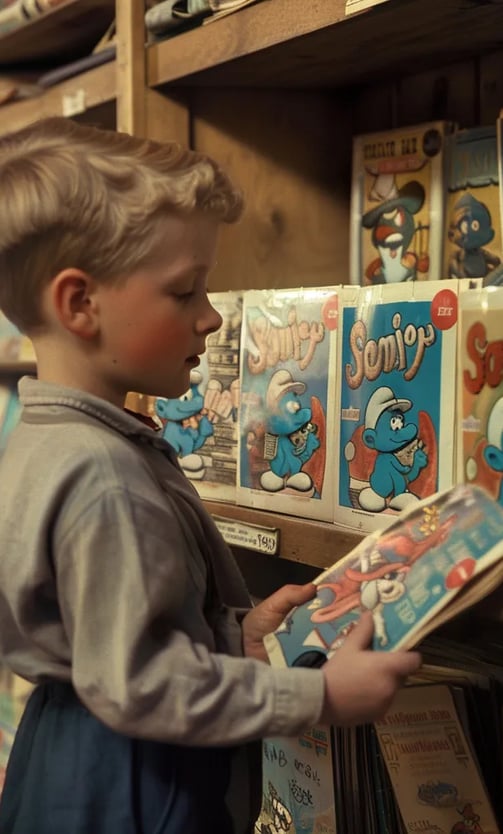  child picking up a comic book featuring the Smurfs for the first time