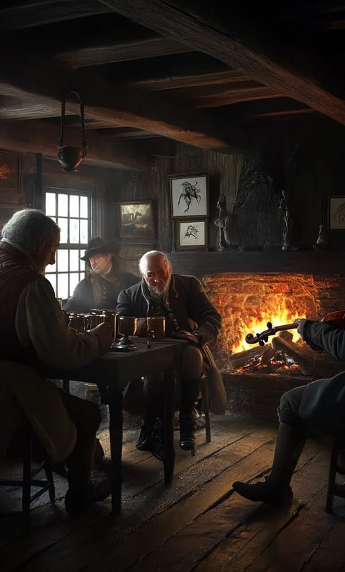 Inside a warm tavern off Long Wharf, 1716 Boston, patrons in quilted vests and suede shoes