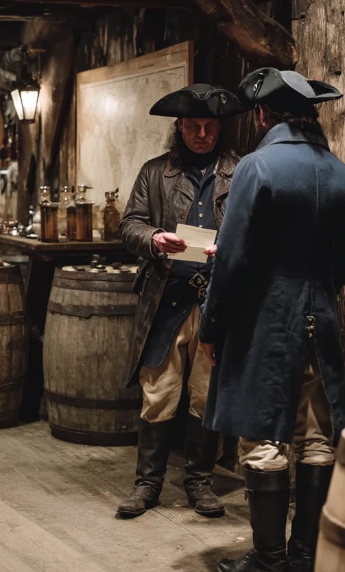 Boston tavern back room, 1775, a messenger in a leather greatcoat hands a sealed envelope