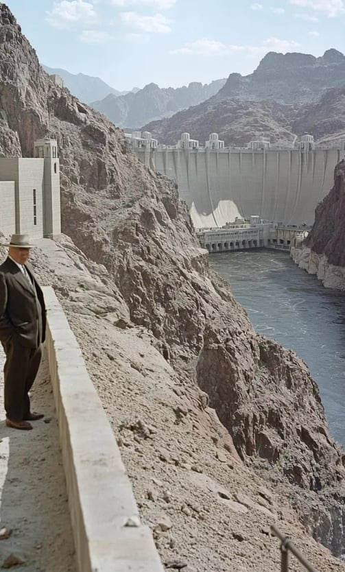 the top of the Boulder Dam, with President Roosevelt and his entourage walking along its edge.