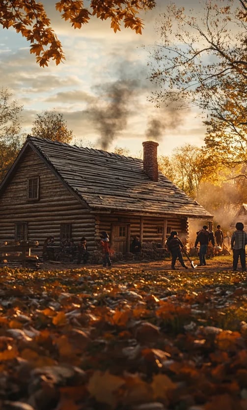 Building the Schoolhouse: Settlers with axes and saws construct a modest log schoolhouse