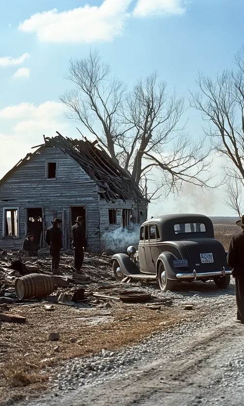 Burned-out shack on the outskirts of Herrin, Illinois, smoke still rising from splintered wood