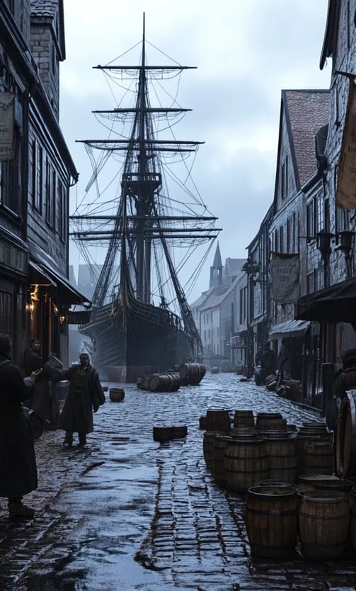 Bustling European port city under gray skies, merchants angrily reading posters