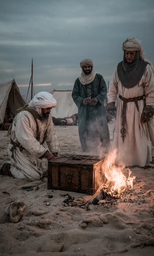 Baibars in silk caftan and jeweled turban; gold dinars spill from an ornate chest