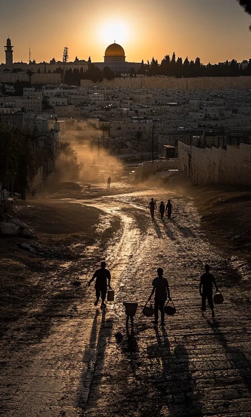 alm golden sunset casting long shadows over Jerusalem’s walled Old City