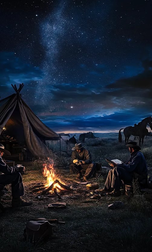 Texas Rangers at campfire, eating stew, journaling, starry sky.