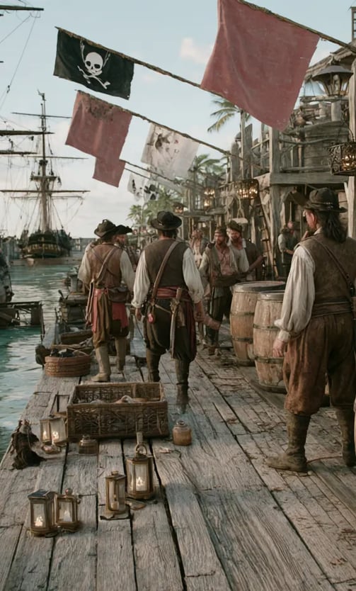 Late afternoon on a wooden quay, pirates offload stolen cargo under flapping Jolly Roger flags