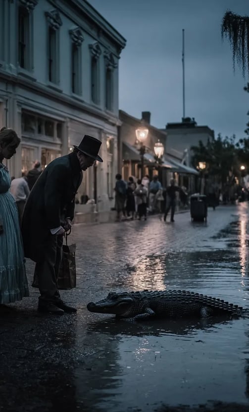 a magistrate in a black frock coat and silk cravat crouches by the soaking reptile