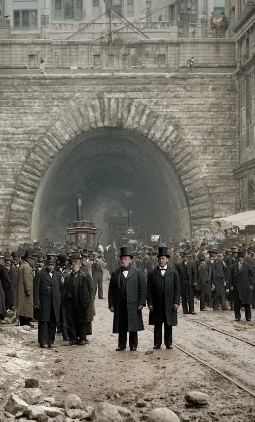 new tunnel portal at Dearborn Street: clatter of horse-drawn carriages and gas-lit street lamps