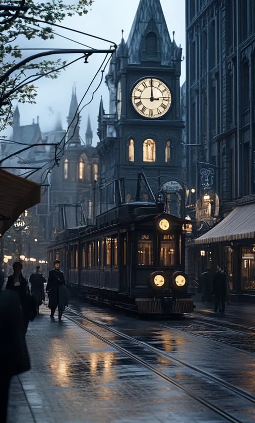 City street at dusk, synchronized clock towers across rooftops glowing in harmony