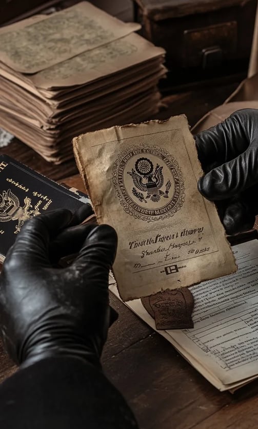 Close-up of hands in leather gloves receiving a freshly printed passport