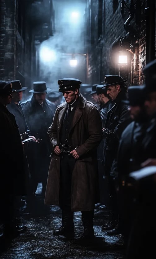 cold back alley behind the venue, Sullivan in wrist restraints, coat draped over his shoulders